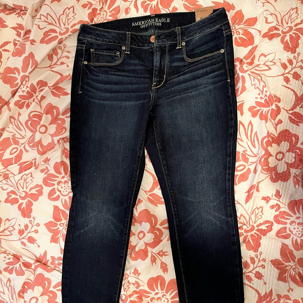 NWT AMERICAN EAGLE MIDI RISE SKINNY FOREVER DARK JEANS SIZE 12 DENIM REG LENGTH